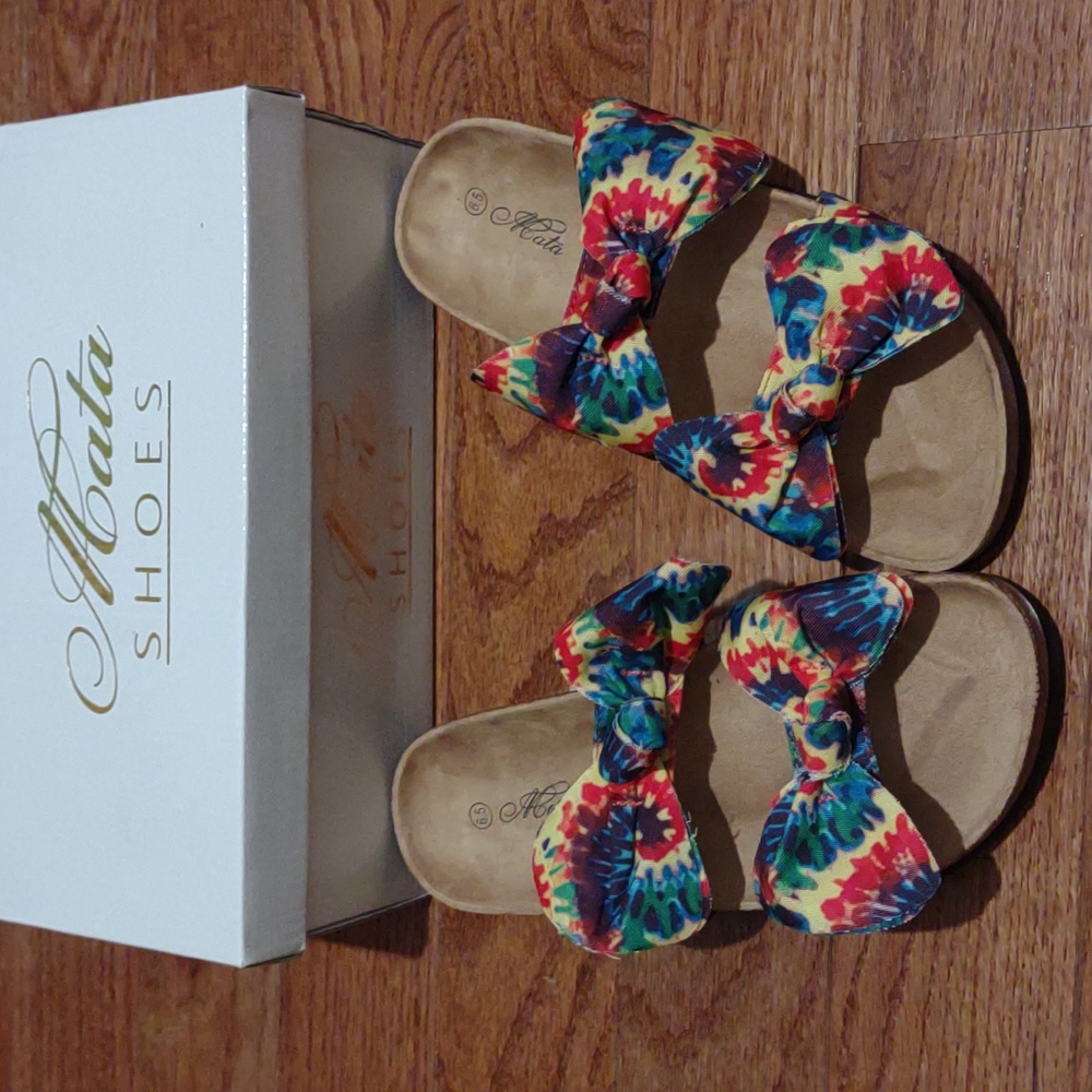 💦MATA Boardwalk👣16 Green/Yellow Double Bow Tie Died Sandals - Picture 5 of 10